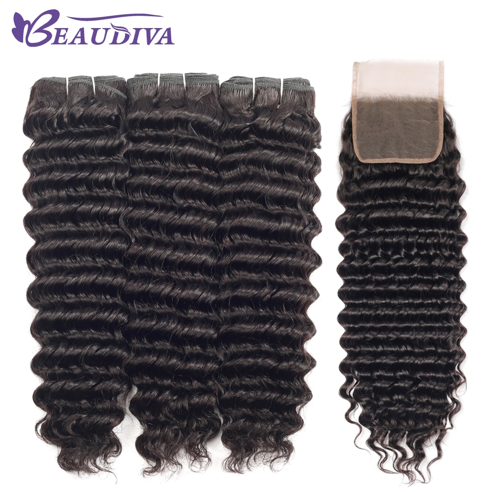 30 Inch Deep Wave Bundles With Closure Curly Bundles With Closure Beaudiva 3 4 Bundles Weave Peruvian Remy Human Hair Extension