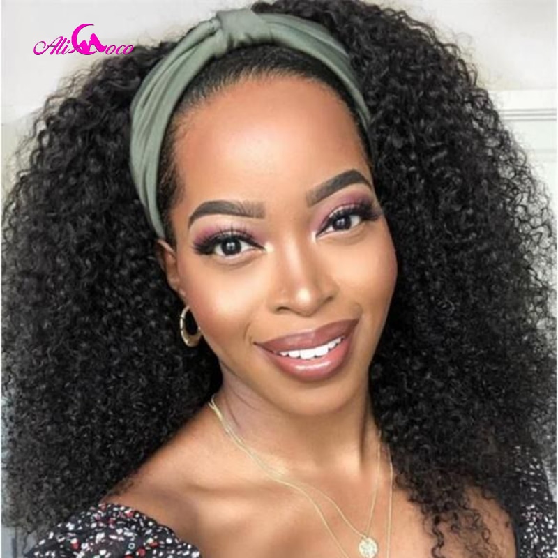 Afro Curl Human Hair Wig For Black Women Chocolate Brown Colored Curly Headband Wig 200 Density Curly Human Hair Wig Ali Coco