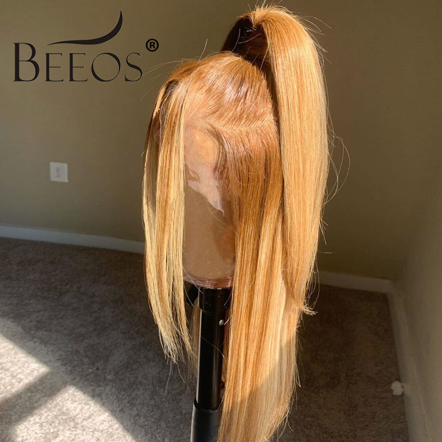 Beeos 180% 360 Lace Front Human Hair Wig Straight Honey Blonde Color Pre Plucked Baby Hair Bleached Knots Brazilian Headband