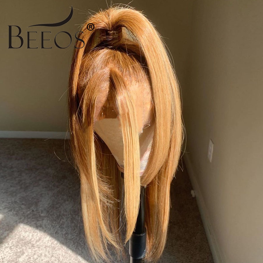 Beeos 180% 360 Lace Front Human Hair Wig Straight Honey Blonde Color Pre Plucked Baby Hair Bleached Knots Brazilian Headband