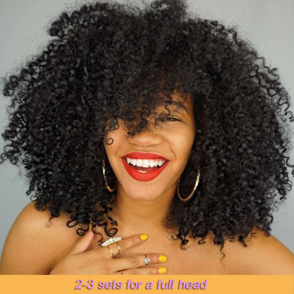 Afro Kinky Curly Clip-in Full Head Hair Extensions Human Hair 8pcs/set Mongolian Natural Color 120g Remy Hair Hair Clips